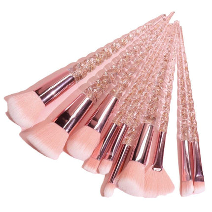 Crystal Spiral Makeup Brush Set 10-piece with spiral handles and white bristles for beginners