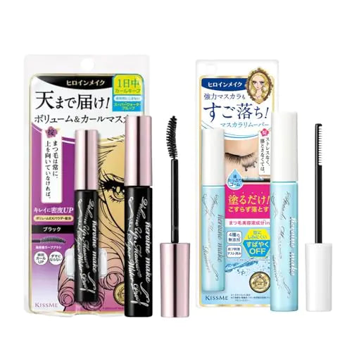 HEROINE MAKE by KISSME Mascara Duo Set | 2 Full-Size -Waterproof Volumizing Mascara BlackDefining Fiber Long-lasting False Eyelash Effect + Gentle Eye Makeup Remover for Waterproof Mascara