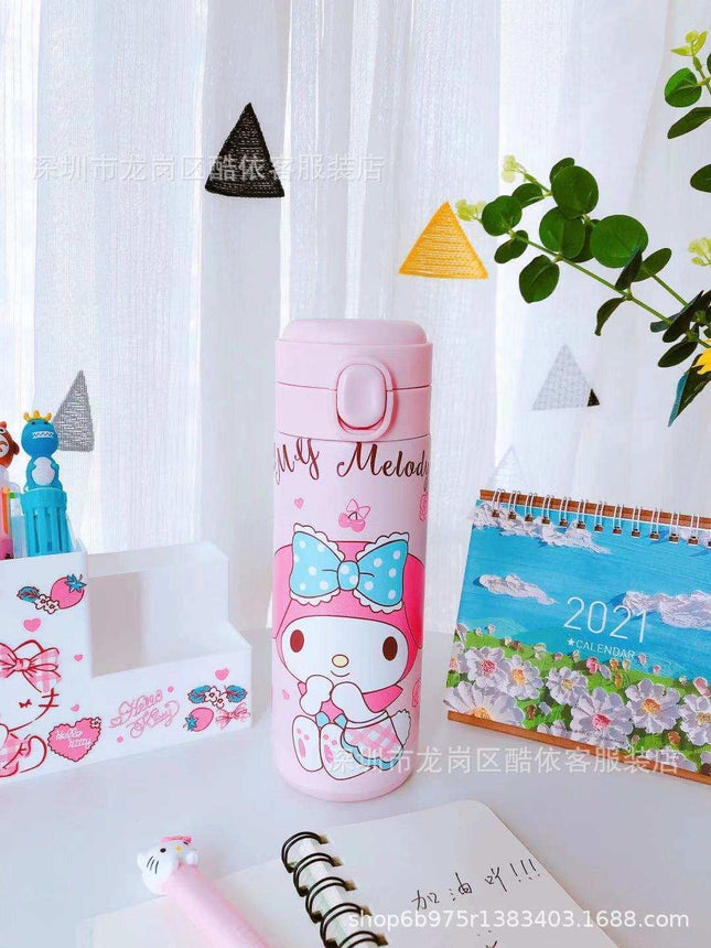 Cute Melody Dreamy stainless steel insulated cup with colorful cartoon design and push-button lid