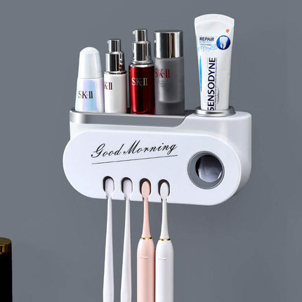 Creative ABS material toothbrush holder with integrated toothpaste squeezer in platinum, black gold, and silver colors