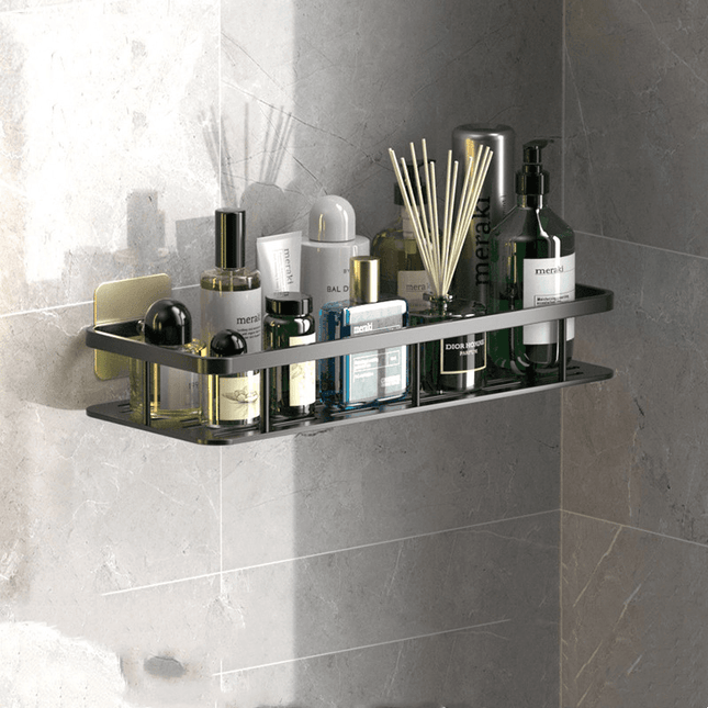 Wall-mounted bathroom shelf made of corrosion-resistant aluminum with no-drill installation in sleek black and silver finishes