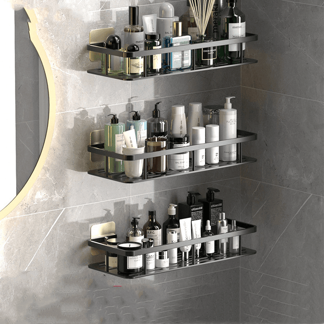 Modern wall-mounted bathroom shelf made of corrosion-resistant aluminum with a sleek, minimalist design