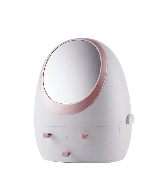 Egg shaped makeup storage box with built-in light and multiple compartments for organizing beauty essentials
