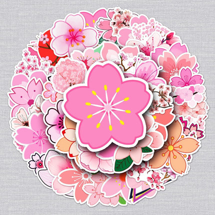 Set of 50 waterproof cherry blossom graffiti stickers with bright and matte finishes for DIY projects