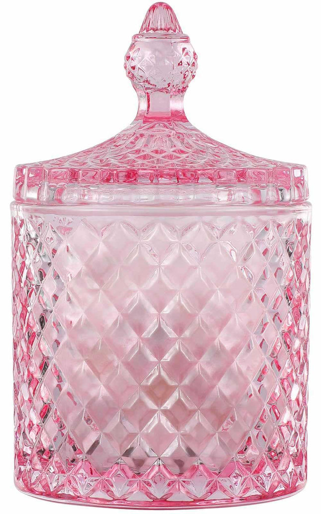 rejomiik Qtip Holder pink glass apothecary jar with lid for bathroom storage and cotton swabs organizer