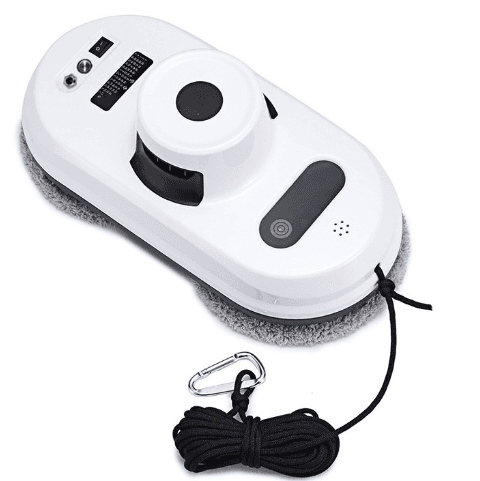 Smart home window cleaning robot on glass surface with remote control and microfiber pad