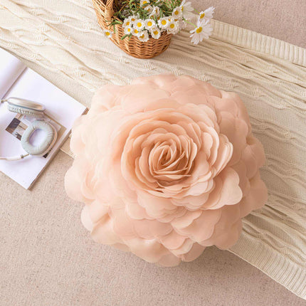 Princess-style 3D sheer gauze flower pillow cover with delicate floral embroidery in soft pink