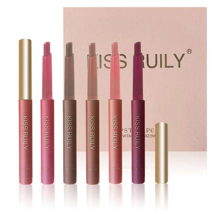 Silk Soft Lip Crayon Set with six vibrant colors in sleek pencil form displayed in compact box