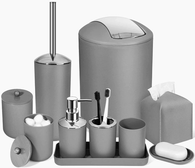 Grey Bathroom Accessories Set with soap dispenser, toothbrush holder, trash can, and tissue box cover