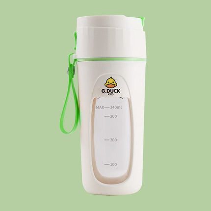 Compact Portable Electric Juicer Cup in green for home and travel use with 7.4V battery and ABS material.