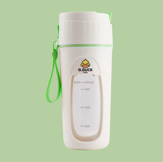 Compact Portable Electric Juicer Cup in green for home and travel use with 7.4V battery and ABS material.