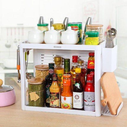 2-tier kitchen storage rack with utensils and spices organizer on tabletop