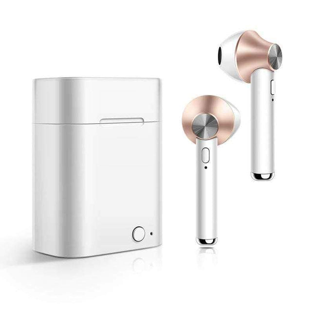D012 Stereo TWS Bluetooth Earbuds with charging case in black and gold colors, showcasing wireless design and Bluetooth 5.0 technology.