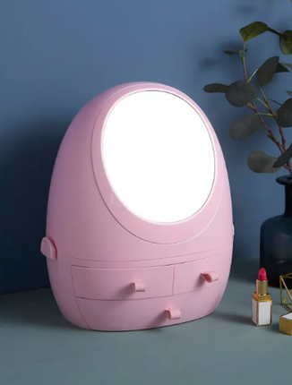 Egg shaped makeup storage box with built-in light and multiple compartments for cosmetics organization