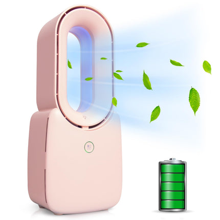 CONBOLA Small Tower Fan 11.8 Inch Personal Portable Fan Rechargeable USB Quiet Bladeless Desk Fan with 3 Speeds Battery Operated Fan with Decorative LED for Office Bedroom Outdoor Table Home(Pink)