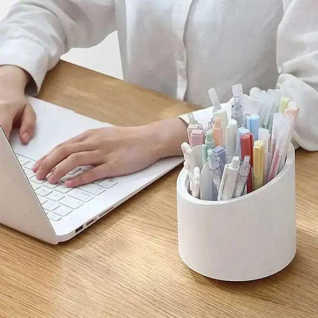 360° rotating makeup brush organizer with multiple compartments on vanity table