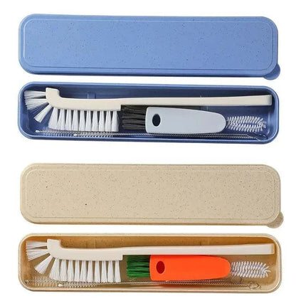 4-piece beige and blue washing tool set with bottle, crevice, straw brushes and storage box
