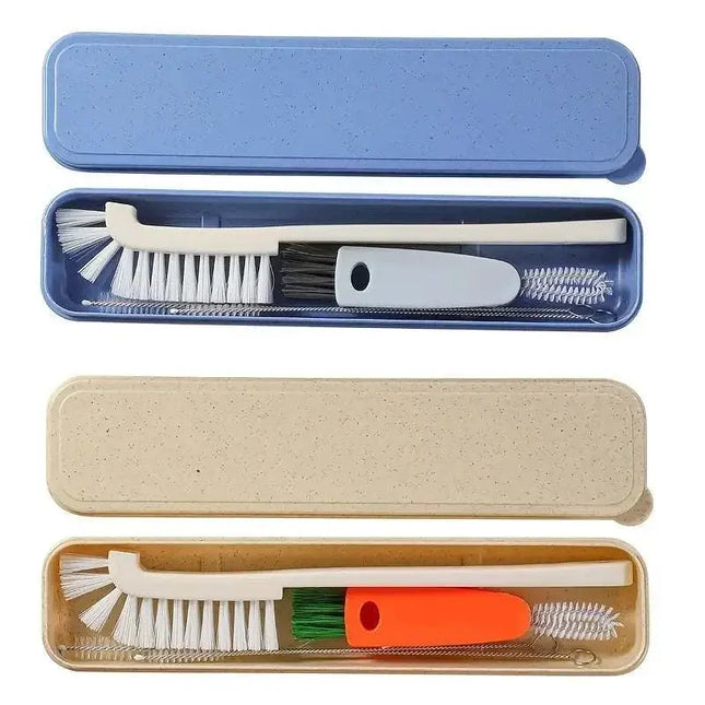 4-piece beige and blue washing tool set with bottle, crevice, straw brushes and storage box