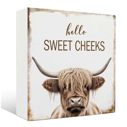 Nrleey Highland Cow Bathroom Decor wooden sign with Hello Sweet Cheeks text, rustic western style, 5x5 inches