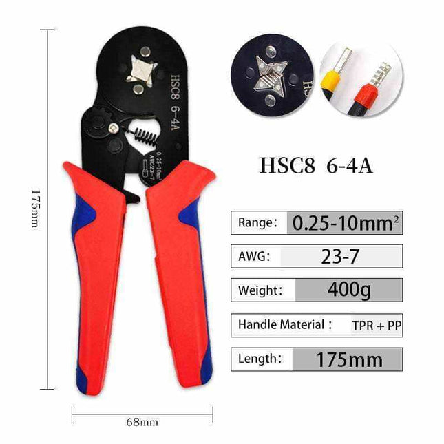 HSC86-4A terminal crimping tool set with 1200pcs tubular terminals and red and blue handles for professional electrical and automotive use