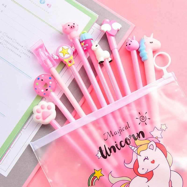 Set of cute cartoon gel pens in pink and pastel colors for students' stationery