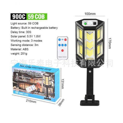 Outdoor solar wall light mounted on exterior wall with remote and motion sensor under daylight