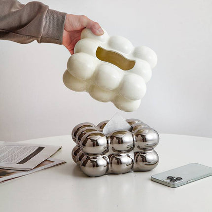 Modern minimalist Cotton Candy Tissue Box in ceramic with electroplated finish, available in white, silver, and yellow colors