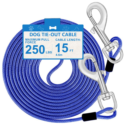 MooonGem 15ft Dog Tie Out Cable Dog Leash Heavy Duty Tie Out Cable for Large Dogs Up to 250lbs Pull Force Dog Runner for Yard Outdoor and Camping Blue