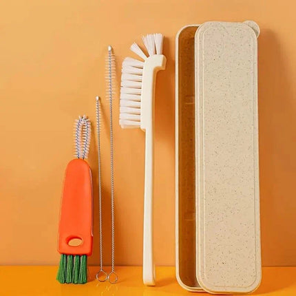 4-piece beige and blue washing tool set with storage box and nylon bristle brushes for kitchen cleaning