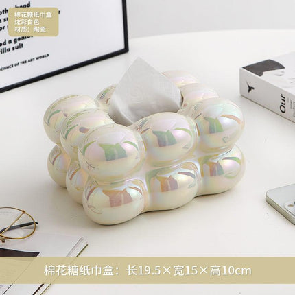 Modern minimalist cotton candy tissue box with sleek electroplated ceramic design in pastel colors