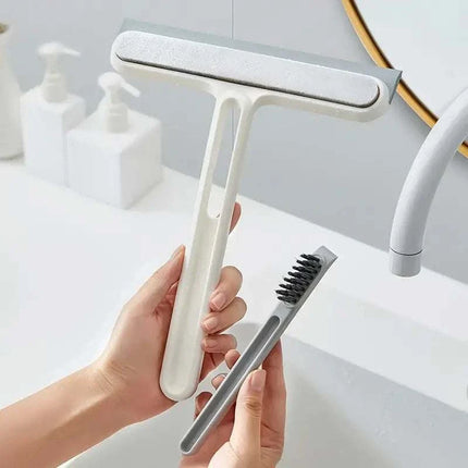 3-in-1 Glass Cleaning Brush with ergonomic handle, sponge, scrubbing brush, and squeegee for streak-free glass cleaning