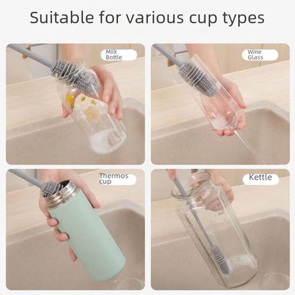 Gray and white Long Handle Cup Brush with silicone head for cleaning cups and bottles at home