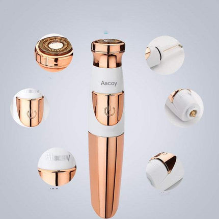 Lipstick-style electric hair remover for women with gold plating, dual power modes, and washable parts for portable grooming
