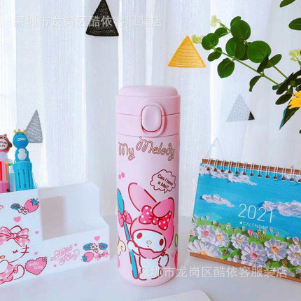 Cute Melody Dreamy stainless steel insulated cup with colorful cartoon design and push-button lid