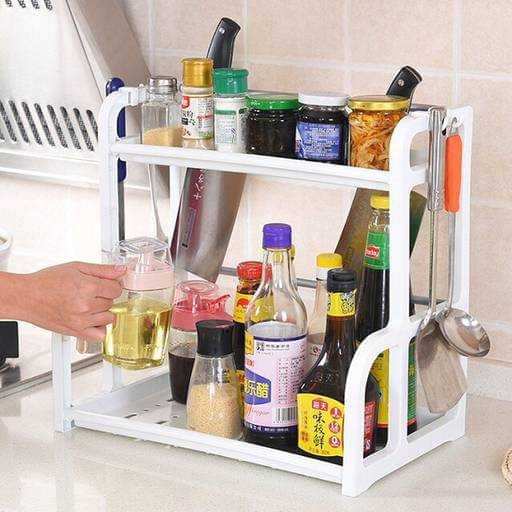 Durable plastic kitchen storage and spice rack with multiple compartments in white and brown colors