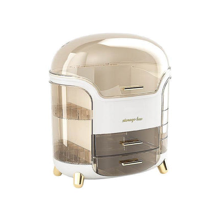 Transparent dustproof cosmetic storage box with multiple compartments for makeup and skincare organization on vanity
