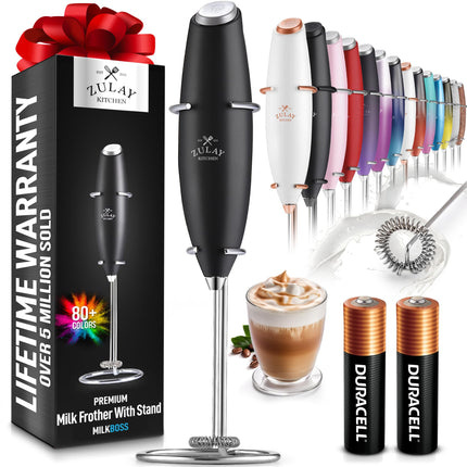 Zulay Kitchen Milk Frother handheld electric whisk with stainless steel frothing head and cordless battery operation
