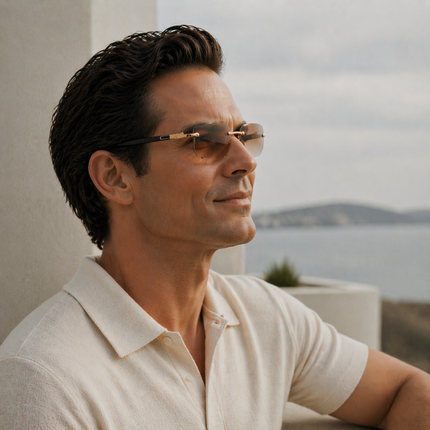 AURA Rimless Rectangle Tinted Shades by DIPU KUMAL lightweight rimless sunglasses with tinted lenses and UV protection