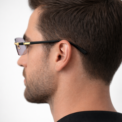 AURA rimless rectangle tinted shades by DIPU KUMAL with lightweight TR90 frame and tinted polycarbonate lenses offering UV protection and anti-glare features