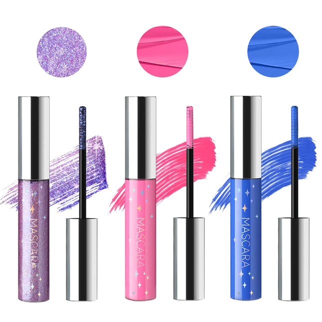 HOSAILY 3 Colors Glitter Mascara Waterproof Long Lasting Lightweight Smudge-Proof Colored Mascara Diamond Sparkling Purple Blue Pink Colorful Mascara Curling Eyelashes Mascara Makeup for Party#Set B