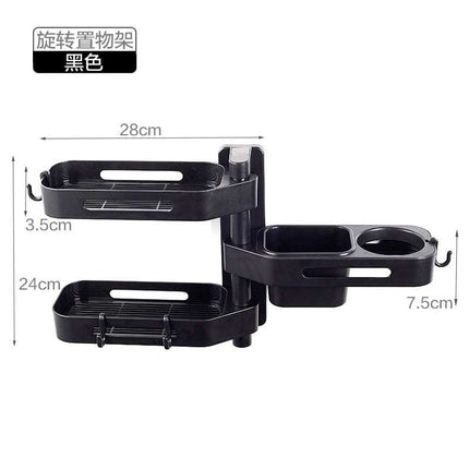 Rotating Storage Rack in black ABS material with multiple layers and pockets for bathroom and kitchen organization