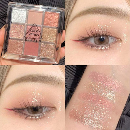 DIKALU Sunset Palette nine-color eyeshadow with pearlescent, matte, and metallic shades in warm sunset tones