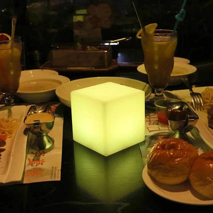 Rechargeable Cube LED Stool Table with remote control showing colorful illuminated cube design
