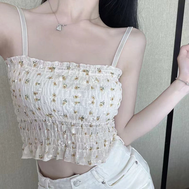 French Floral Camisole Top with Built-in Pads for Summer