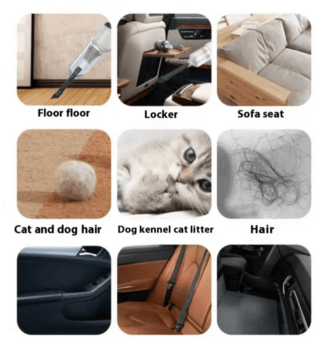 Compact black rechargeable handheld vacuum cleaner with crevice nozzle and brush attachment, USB charging port, and lightweight plastic design for cordless cleaning
