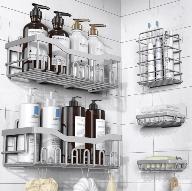 Modern gray bathroom wall-mounted storage rack with five open iron shelves for towels and toiletries