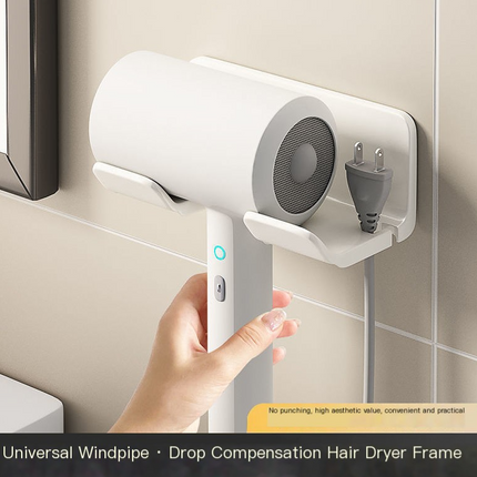 Bathroom hair dryer holder mounted on wall with no-drill installation and sleek design