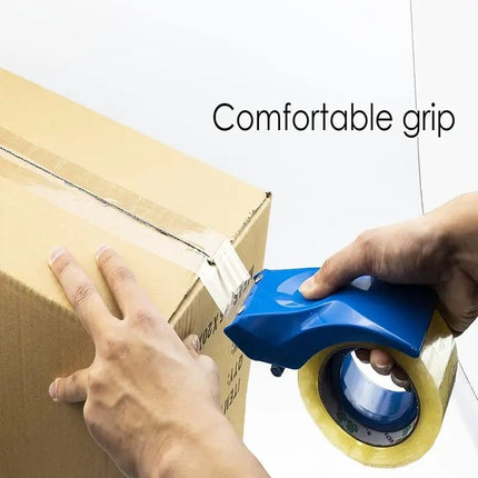 Heavy-duty tape dispenser with 10° sloped chromium blade in orange and yellow plastic for efficient packing and sealing