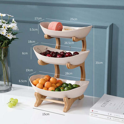 Multi-layer fruit rack in beige plastic with geometric design for versatile home storage and display