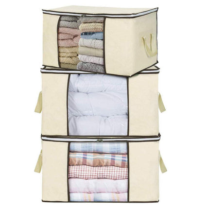 Dustproof storage bags for bedding and clothes in grey, dark blue, and beige white colors